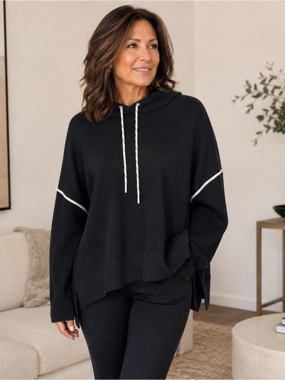 FLX Black White Piping Ribbed Hooded Knit Sweater Zip Cuffs High Low L
